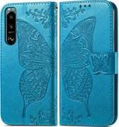 Mobigear Telefoonhoesje geschikt voor Sony Xperia 5 IV Hoesje | Mobigear Butterfly Bookcase Portemonnee | Pasjeshouder voor 3 Pasjes | Telefoonhoesje voor Pinpas / OV Kaart / Rijbewijs - Blauw