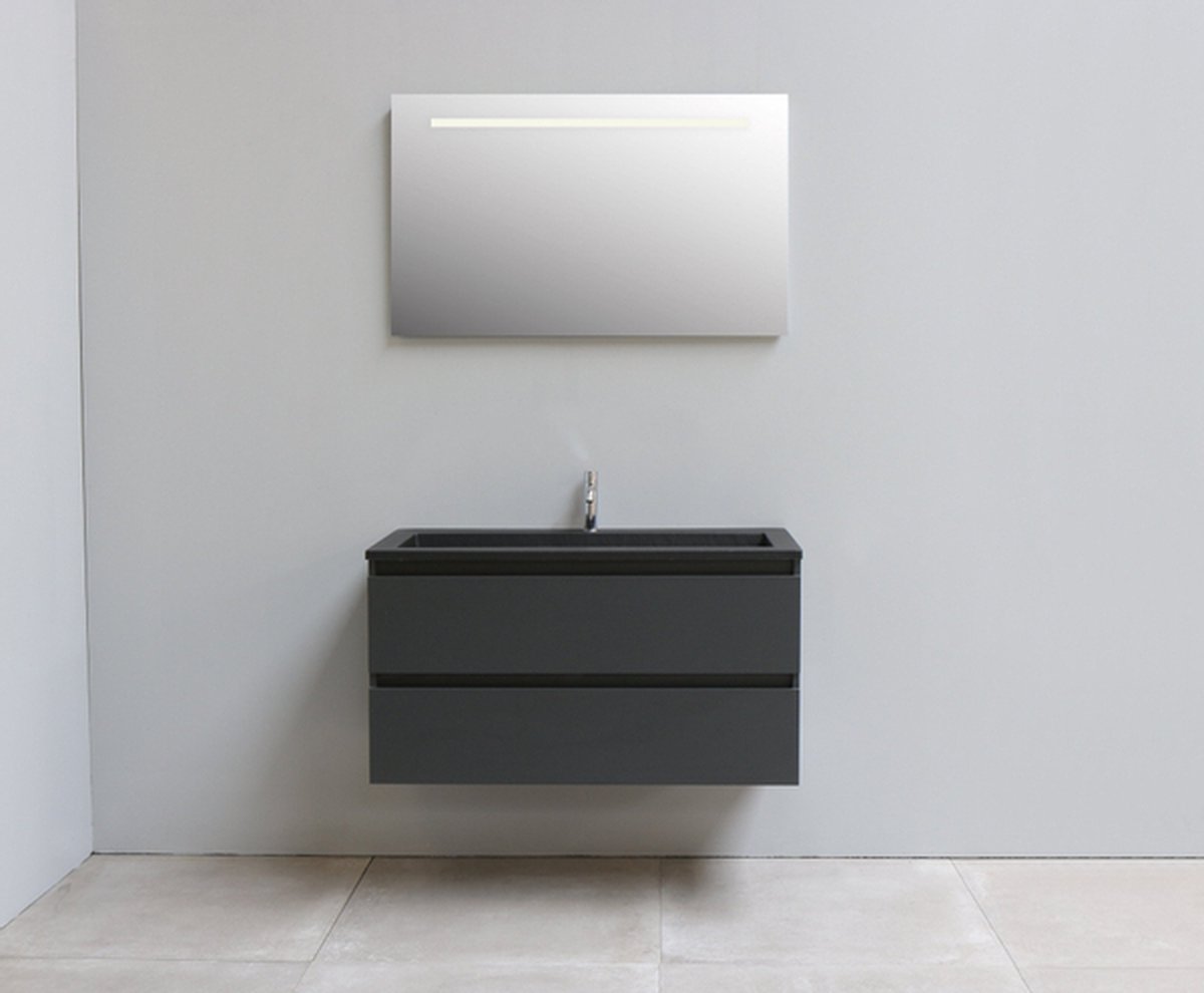 Adema Bella badmeubel met acryl wastafel Zwart 1 kraangat met spiegel met licht 100x55x46cm Antraciet mat