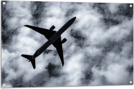 Tuinposter – Onderaanzicht van Passagiers Vliegtuig in Sluierbewolking - 105x70 cm Foto op Tuinposter (wanddecoratie voor buiten en binnen)