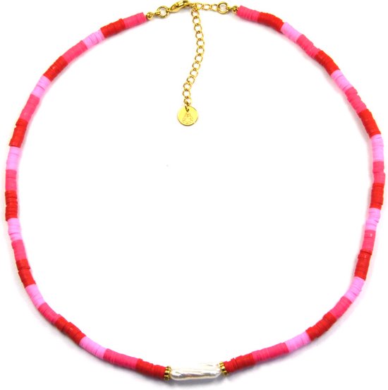 Ketting Ibiza Style Red Pink Pearl Goud | 18 karaat gouden plating | Staal - 38 cm + 5 cm extra | Buddha Ibiza