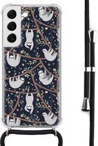 Hoesje met koord geschikt voor Samsung Galaxy S22 - Luiaard - Inclusief zwart koord - Crossbody beschermhoes - Transparant, Blauw - Mooie Telefoonhoesjes