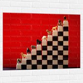 Muursticker - Speelgoed Dieren op Trap tegen Rode Achtergrond - 100x75 cm Foto op Muursticker