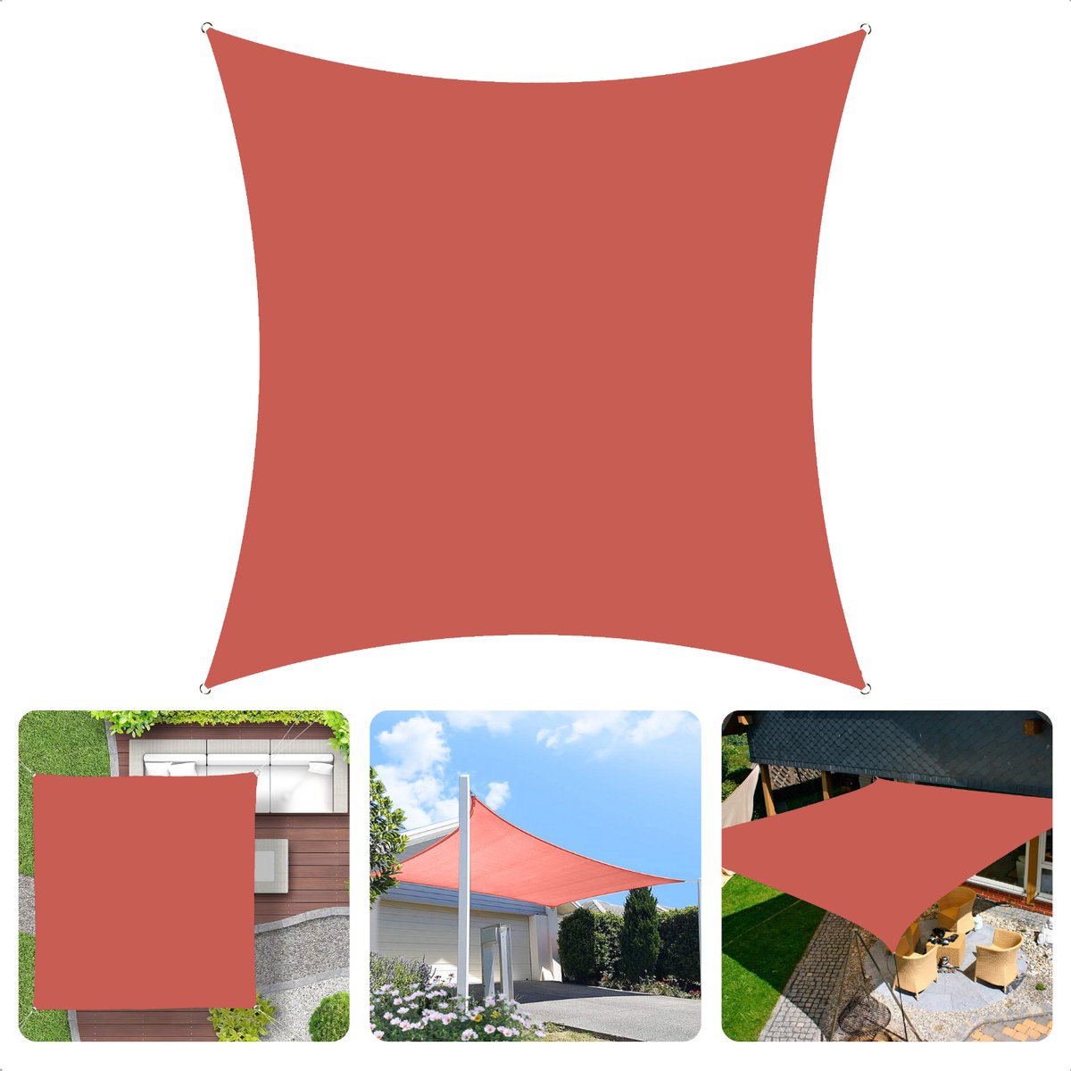 Cheqo® Schaduwdoek Vierkant - Terra Rood - Waterafstotend Polyester 100% - 4x2.30m Touw - Met Draagzak - 300x300cm