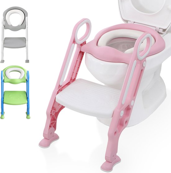 Foto: Lifegoods wc verkleiner met trapje toilettrainer met opstapje potje peuter 2 tot 7 jaar roze wit