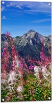Tuinposter – Prachtige Bloemen aan de Rand van Cliff in Berggebied - 50x100 cm Foto op Tuinposter (wanddecoratie voor buiten en binnen)