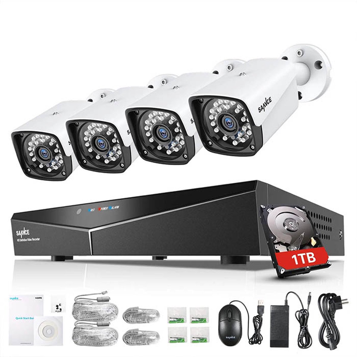 SANNCE POE CCTV camera systeem voor thuis en op kantoor 4CH XPOE - netwerk video recorder met 1TB harde schijf - 4X 2.0MP metalen IP-camera voor binnen en buiten - mobiele toegang met APP-waarschuwing