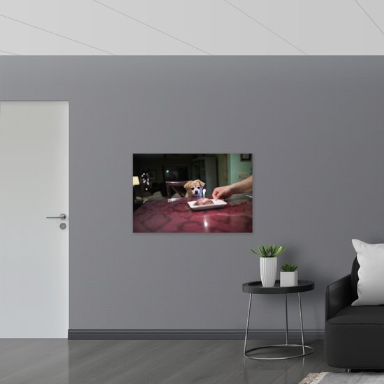 WallClassics - Panneau en mousse PVC - Anniversaire Klein chien assis sur une chaise à la table à manger - Photo 105x70 cm sur panneau en mousse PVC (avec système de suspension)