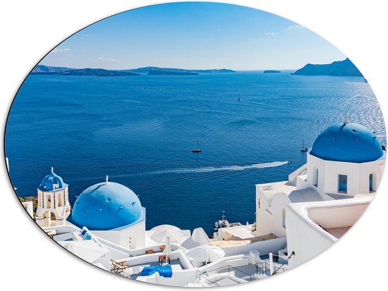 Dibond Ovaal - Grieks Eiland aan het water met traditioneel blauwe daken - 80x60 cm Foto op Ovaal (Met Ophangsysteem)