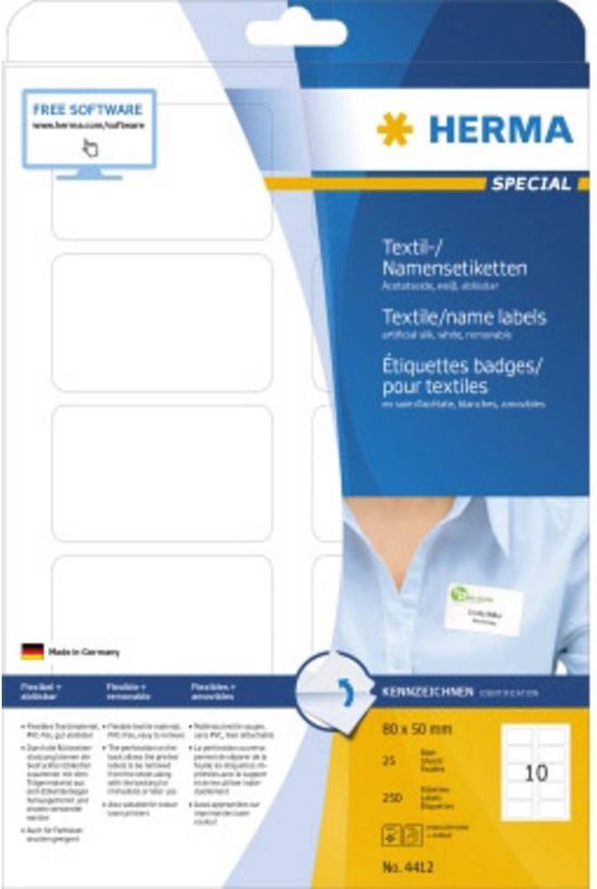 HERMA Special verpakking voor textiel/naamstickers, met afbeelding van persoon die sticker draagt.