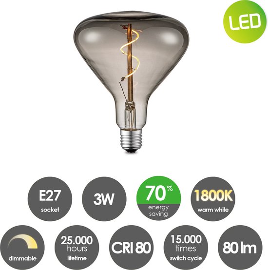 Rookkleurige LED gloeilamp, 3W, 80lm, 1800K warm wit licht, dimbaar, E27 fitting. Energiebesparing 70%.