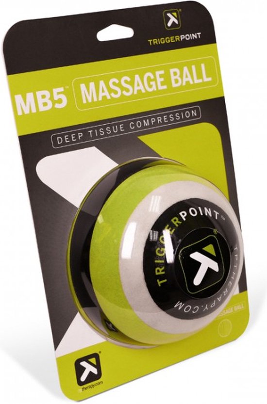 TriggerPoint MB5 massagebal in verpakking, met groen, zwart en wit.
