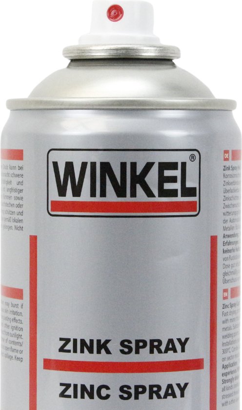 Close-up van een Winkel Zink Spray spuitbus met rode dop. Grijze bus met rode en grijze tekst.
