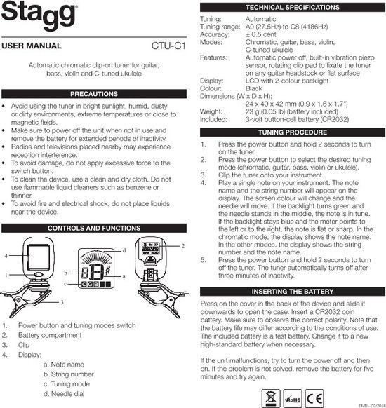 Accordeur chromatique à clip our guitare, basse » Stagg