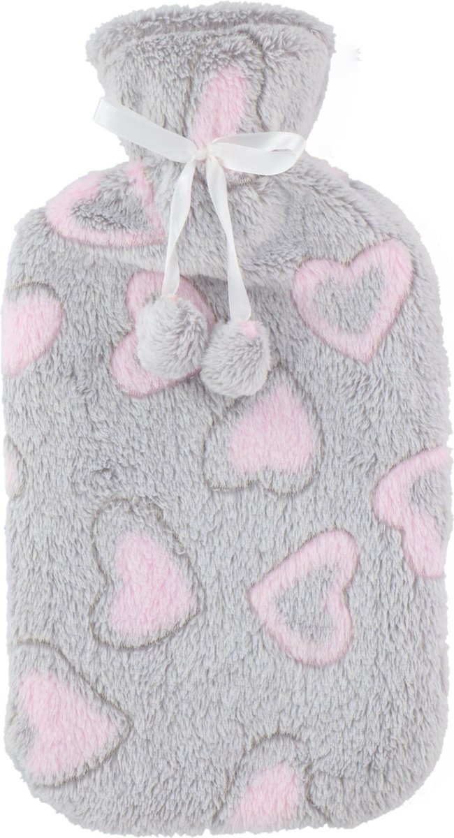 Goedkoopste Warmwaterkruik - fleece hoes - hartjes licht grijs - 2 liter
