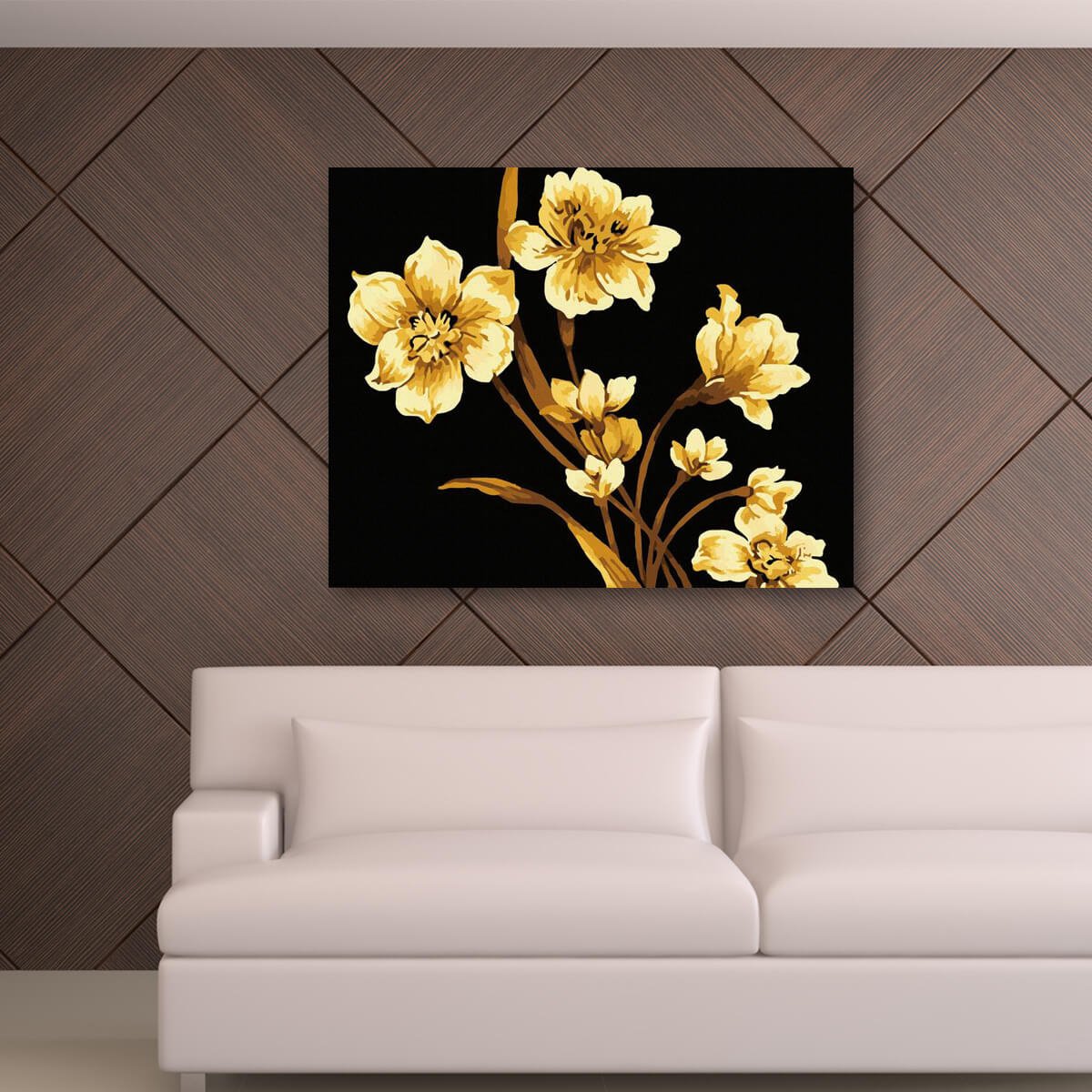 Schilderen Op Nummer Volwassenen DIY Paint By Number Compleet Hobby Pakket op Frame met Vernis - ®Arty Bee - Golden Flowers - 50x40cm — afbeelding 3