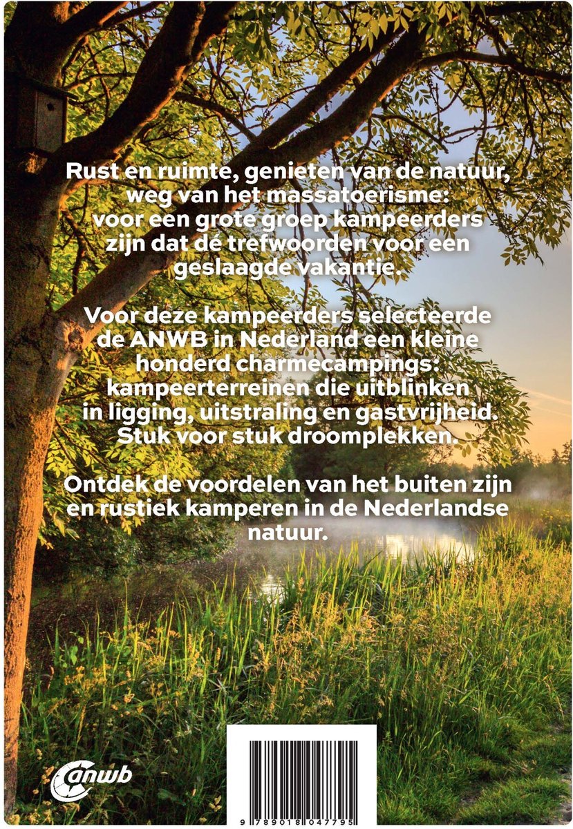 Boomtakken met bladeren in de voorgrond. Tekst over charme-campings in Nederland.