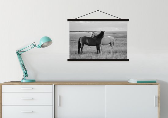 Support pour affiche avec affiche 90x60 cm - Affiche scolaire - Paarden - Animaux - Portrait - Zwart et blanc - Campagne - Affiche textile - Lattes noires