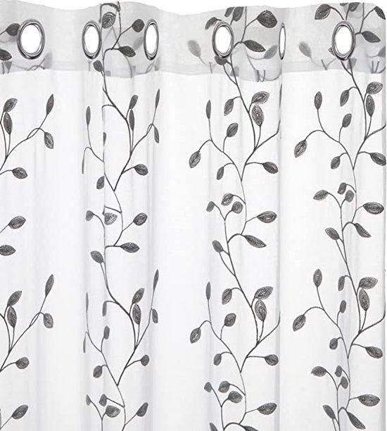 Deconovo Gordijnen Transparant wit met Ringen, Doorschijnend Gordijnen Bladeren Grijs voor Woonkamer, Slaapkamer, 140x175 cm B x H, set van 2