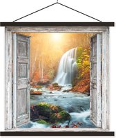 Posterhanger incl. Poster 90x90 cm - Schoolplaat - Waterval - Doorkijk - Landschap - Textielposter - Zwarte latten