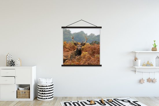 Posterhanger incl. Poster 90x90 cm - Schoolplaat - Hert - Boom - Herfst - Textielposter - Zwarte latten