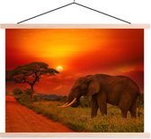 Posterhanger incl. Poster 120x90 cm - Schoolplaat - Olifant - Zonsondergang - Oranje - Savanne - Dieren - Textielposter - Blanke latten