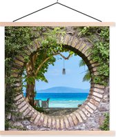 Posterhanger incl. Poster 120x120 cm - Schoolplaat - Strand - Doorkijk - Tropisch - Strandstoel - Textielposter - Blanke latten