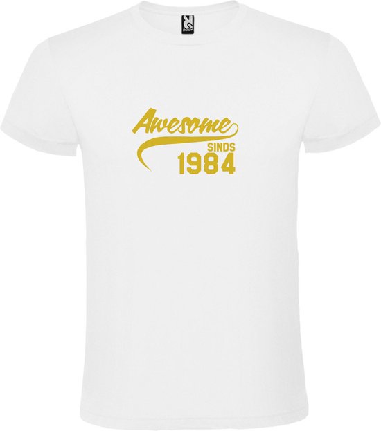 Wit T-Shirt met “Awesome sinds 1984 “ Afbeelding Goud Size XS