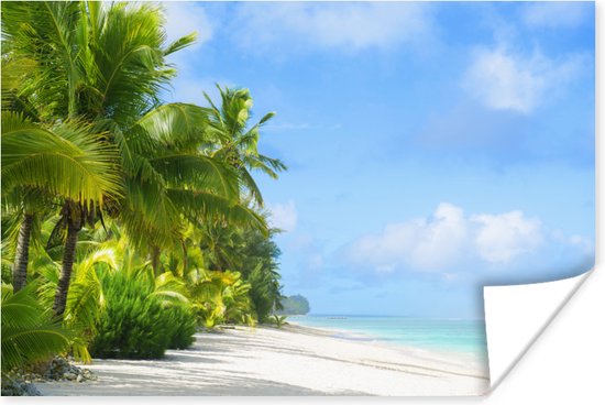 Palmbomen op tropisch strand foto Poster 60x40 cm - Foto print op Poster (wanddecoratie woonkamer / slaapkamer) / Zeeën en meren Poster / Zee en Strand