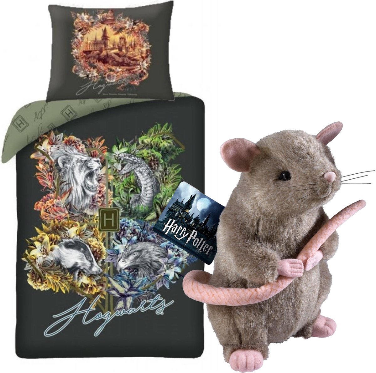 Dekbedovertrek Harry Potter- 1 persoons- 140x200 cm- Hogwarts- Zweinstein Logo- bloemenlogo- Katoen- incl Pluche rat
