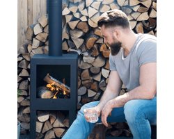 Esschert Design - Buitenkachel met houtopslag zwart - Vuurhaard - Staal - Zwart