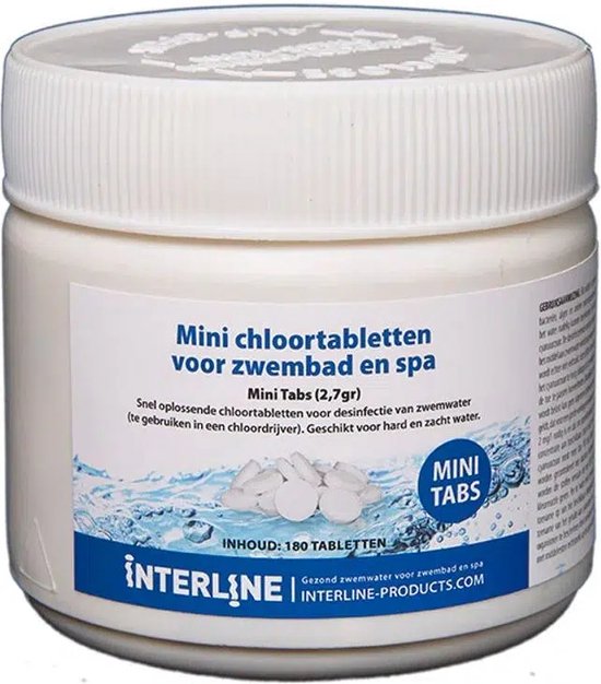 Witte pot met Interline Mini Tabs (2,7gr) chloortabletten voor zwembad en spa. Inhoud: 180 tabletten.