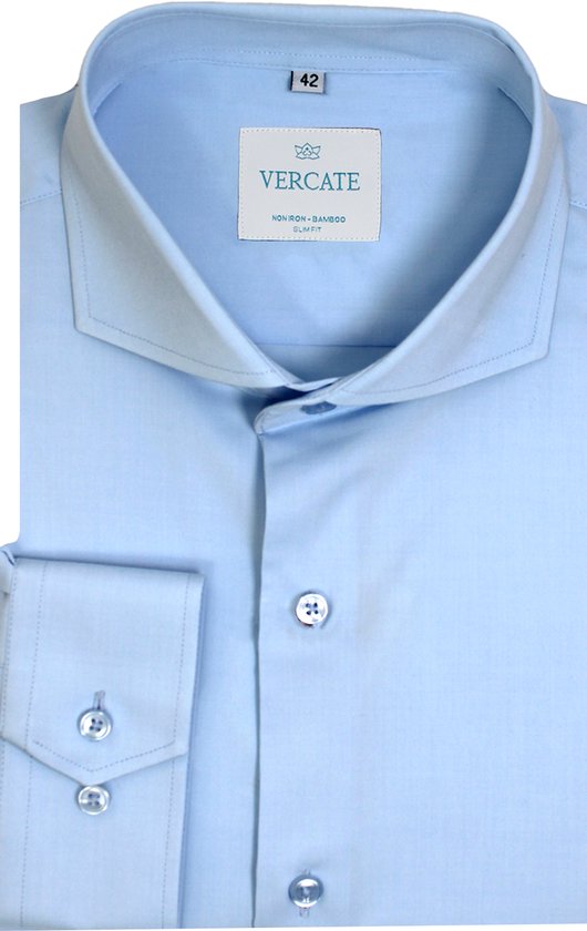 Vercate - Strijkvrij Overhemd - Lichtblauw - Blauw - Slim Fit - Bamboe Katoen - Lange Mouw - Heren - Maat 39/M