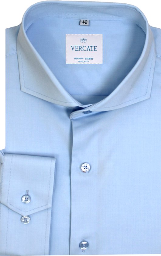Vercate - Strijkvrij Overhemd - Lichtblauw - Blauw - Regular Fit - Bamboe Katoen - Lange Mouw - Heren - Maat 43/XL