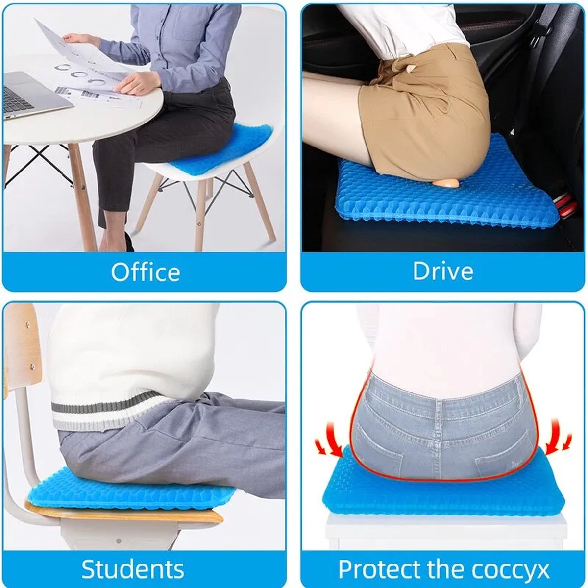 Namollis Gel zitkussen, dubbel honingraat ademend orthopedisch gelkussen met antislip hoes en schouderriem, ergonomisch ontwerp verlicht rugpijn, pak voor kantoor, auto, rolstoel (blauw