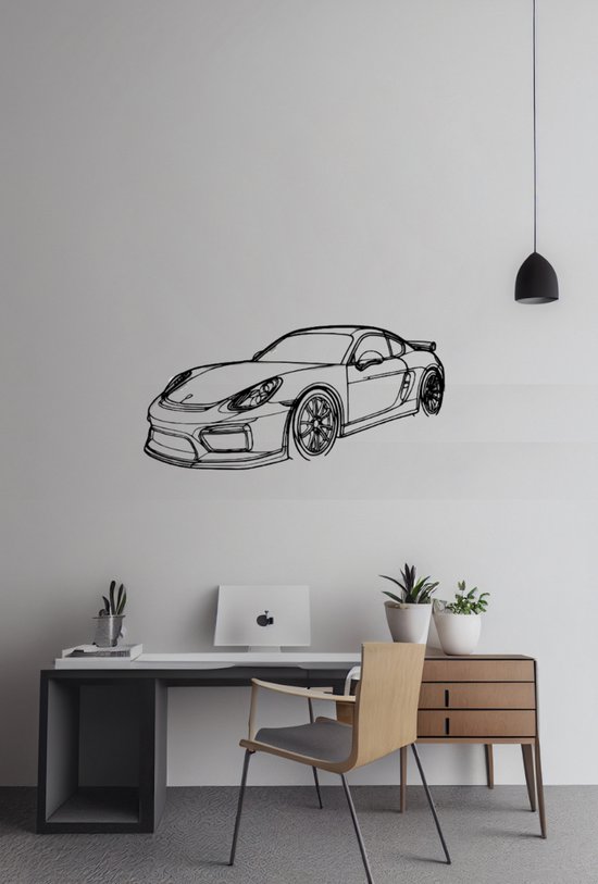 Porsche 981 Cayman GT 4 Angle - Silhouette - Metaalkunst - Wit - 80cm - Auto Decoratie - Muur Decoratie- Man Cave - Cadeau voor man- Inclusief ophangsysteem