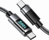 Phreeze USB C Kabel met LED Display - 5A - 100W - 1,2 Meter - Super Speed - Snellader - USBC naar USB-C Kabels - Zwart
