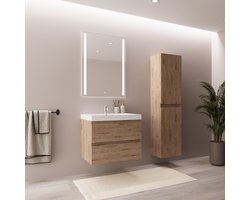 LOMAZOO Badmeubelset Licht Eiken 60 cm - Wastafel Wit - Badkamermeubel set - Wastafelmeubel - Badkamerkast hoog [AVALON]