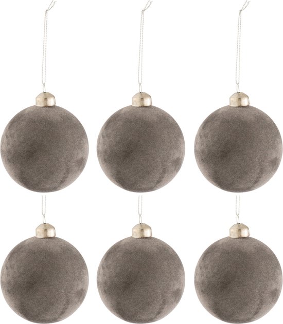 J-Line kerstbal - fluweel/glas - grijs - small - doos van 6