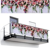 Balkonscherm 300x85 cm - Balkonposter Bloemen - Roze - Planten - Wit - Muur - Balkon scherm decoratie - Balkonschermen - Balkondoek zonnescherm