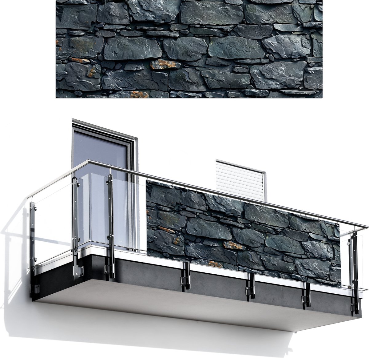 Balkonscherm 300x110 cm - Balkonposter Stenen - Steenoptiek - Antraciet - Grijs - Balkon scherm decoratie - Balkonschermen - Balkondoek zonnescherm