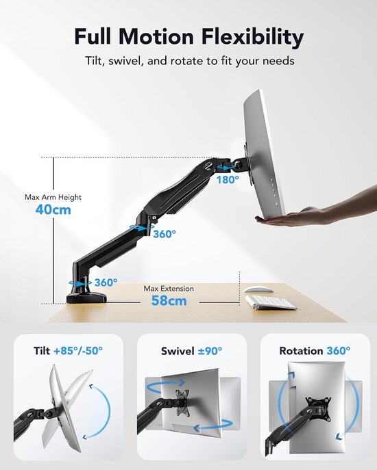 Support De Moniteur Pour écrans Incurvés De 17 à 30 Pouces Rotatif A 360 Degres Bras A Ressort A Gaz Vesa 75 X 75 100 X 100 Mm Ajustable Zwart
