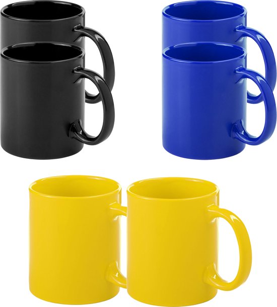 Bellatio Design Koffie mokken/drinkbekers Auxerre - 6x - keramiek - geel/zwart/blauw - 370 ml
