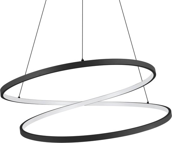 Een zwarte hanglamp met twee overlappende, lichtgevende ringen