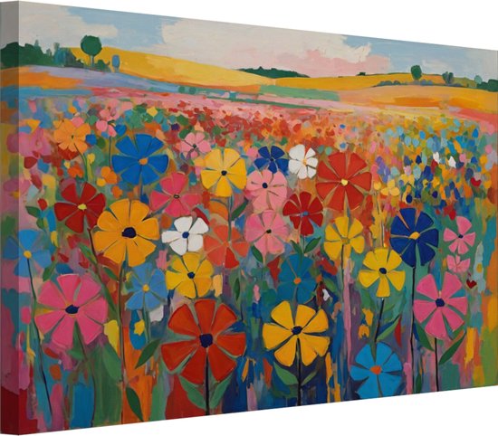 Kleurrijk bloemenveld portret - Bloemen wanddecoratie - Schilderij op canvas Natuur - Modern schilderij - Schilderijen canvas - Schilderijen 70x50 cm
