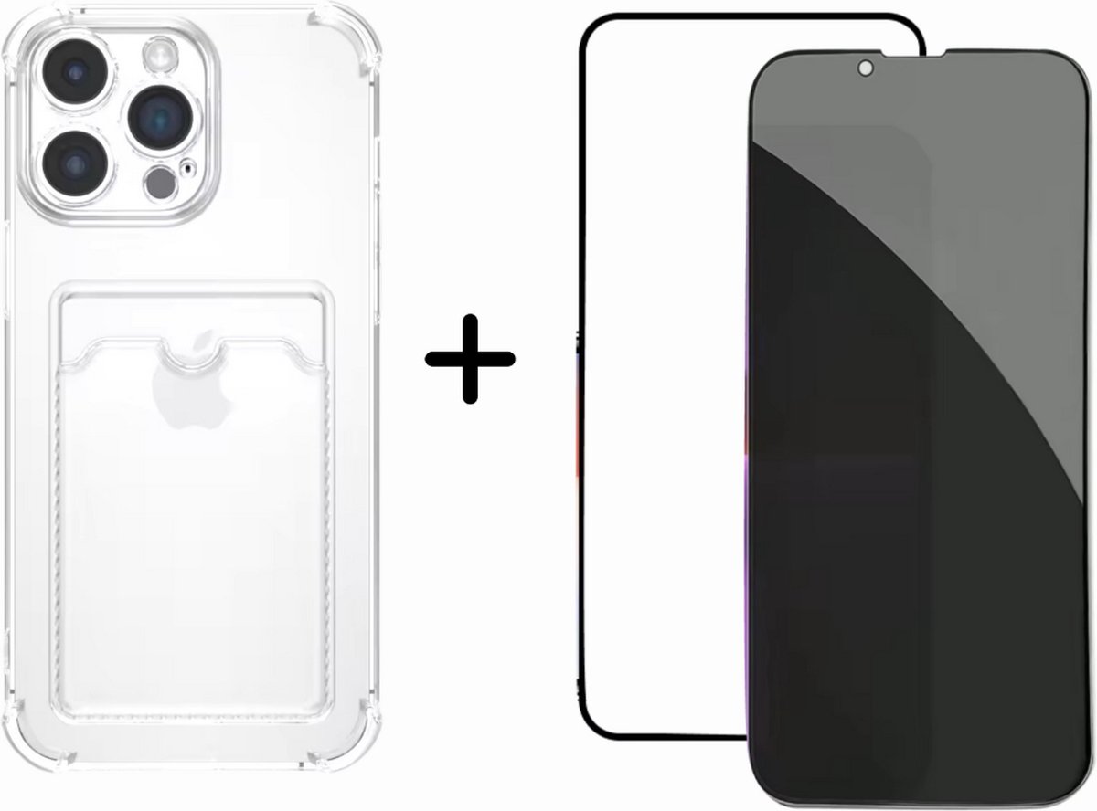 Optimity hoesje voor iPhone 12 PRO MAX Clear Case met Cardholder Transparant + Gehard Glas Schermbeschermer