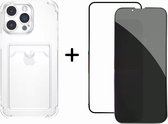 Optimity hoesje voor iPhone 12 PRO MAX Clear Case met Cardholder Transparant + Privacy Anti-Spy Gehard Glas Schermbeschermer