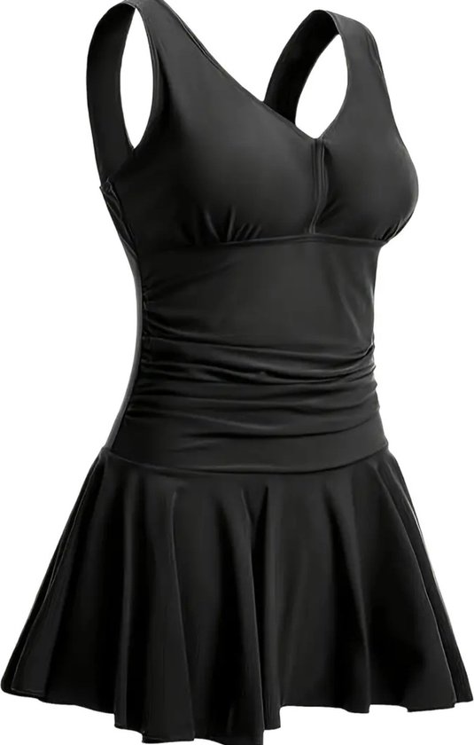 Sexy elegante corrigerende fijne stretch zwart badpak badpakjurk incl short 1 delig maat S
