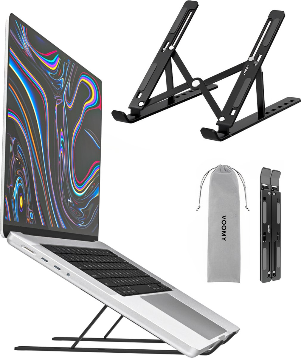 Voomy Office Laptop Standaard Verstelbaar - Ergonomische Stand - Aluminium - Zwart - Voomy