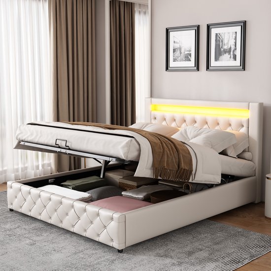 Sweiko Gestoffeerd bed 140 x 200 cm, functioneel bed met lattenbod en opbergruimte, met LED verlichting, met functie van opslag, wit, PU