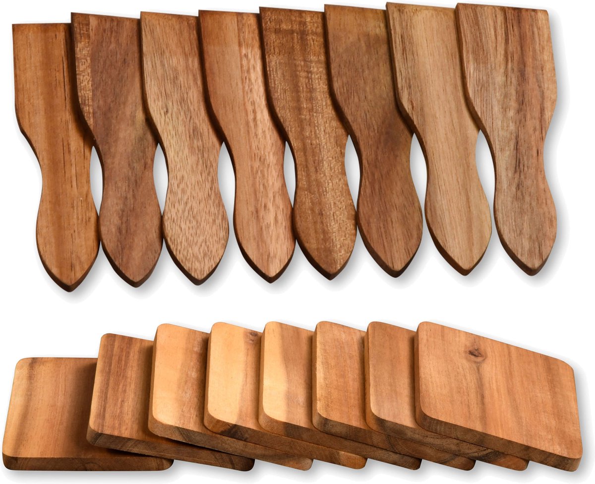 Kesper Gourmetspatels met onderzetters voor pannetjes - 8x - acacia hout - 13 x 4 cm - gourmetten